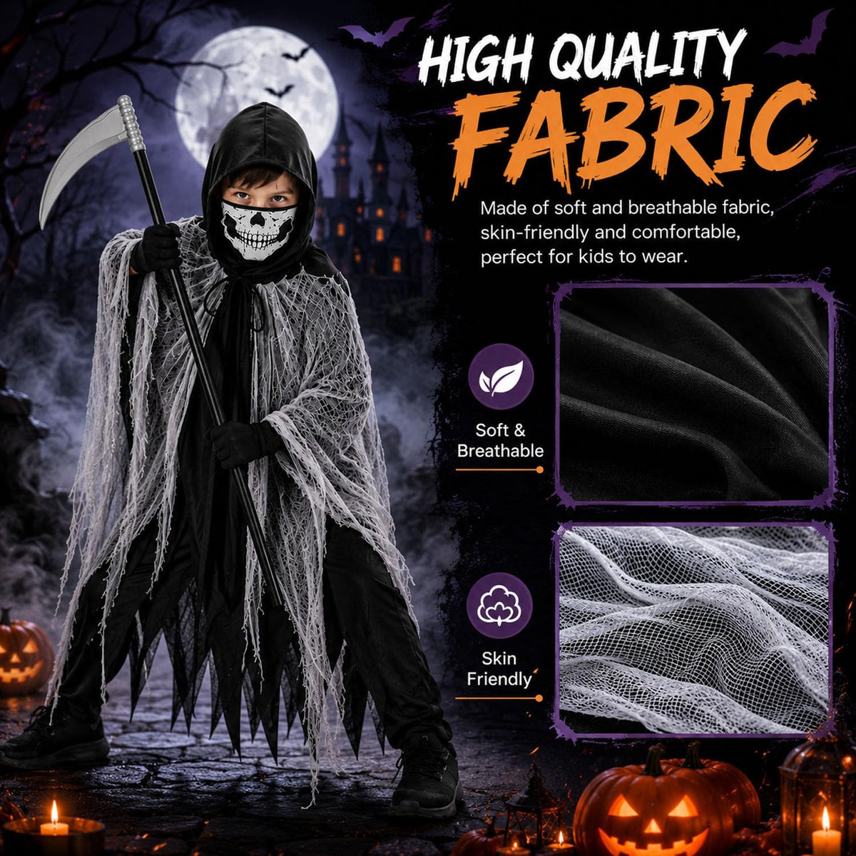 QIMYGIFT Grim Reaper Cloak Ghost Costume for Kids, Scary Horror Tattered Halloween Cape with Mask Gloves & Toy Scythe Props