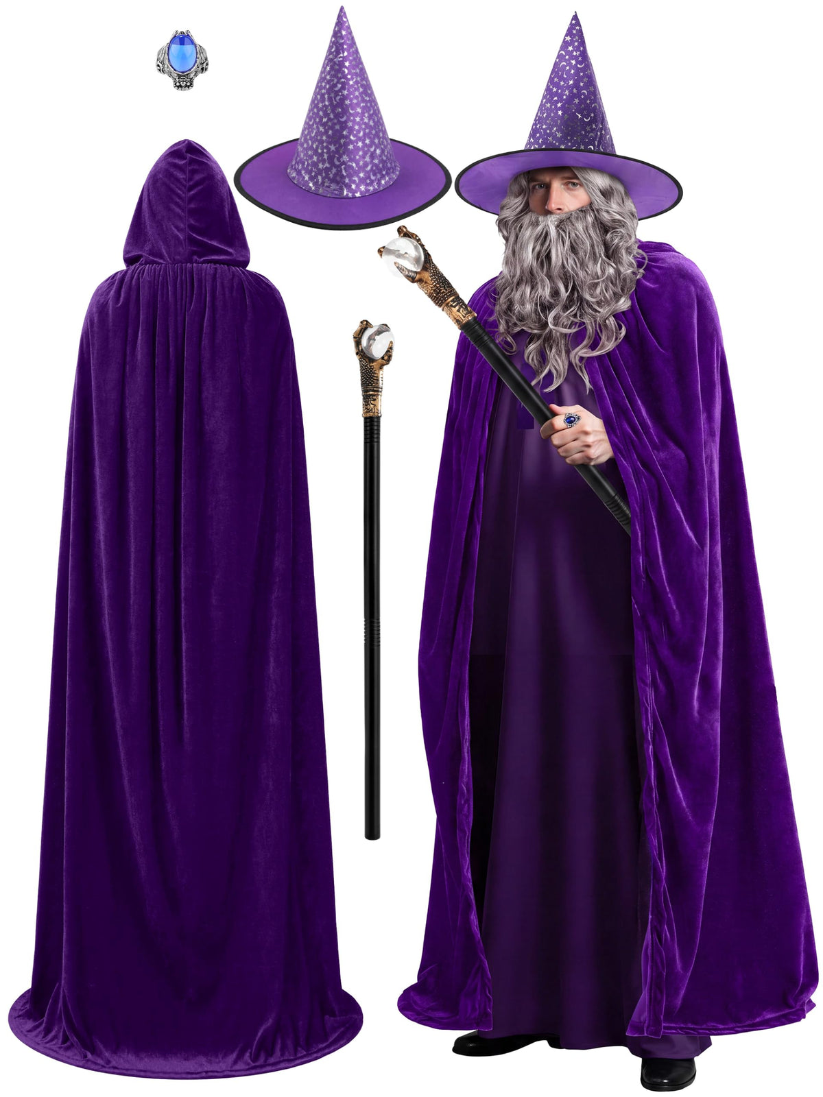SOMSOC 5 PCS Adult Wizard Costume Set Halloween Wizard Hat Hooded Cloak Gray Wig Beard Wand Ring Cosplay Accessories for Man