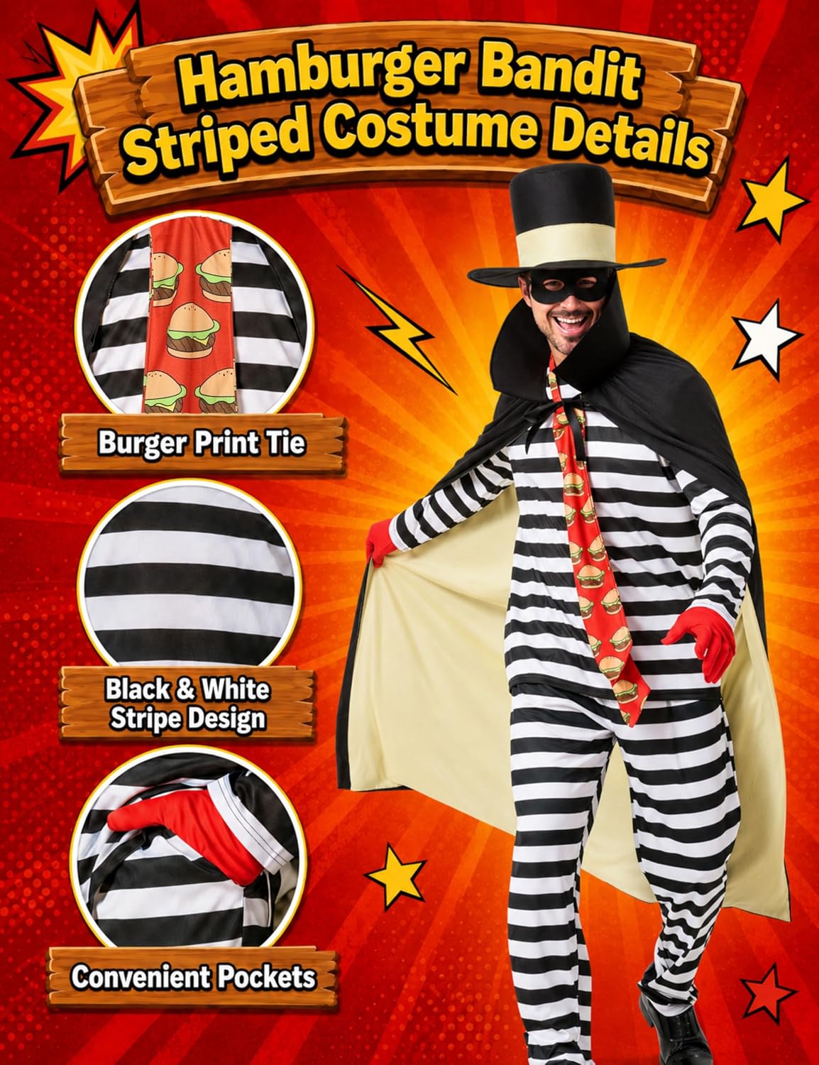 Mahoon Hamburger Robber Costume for Adult Men, 7 Pcs Funny Halloween Outfit