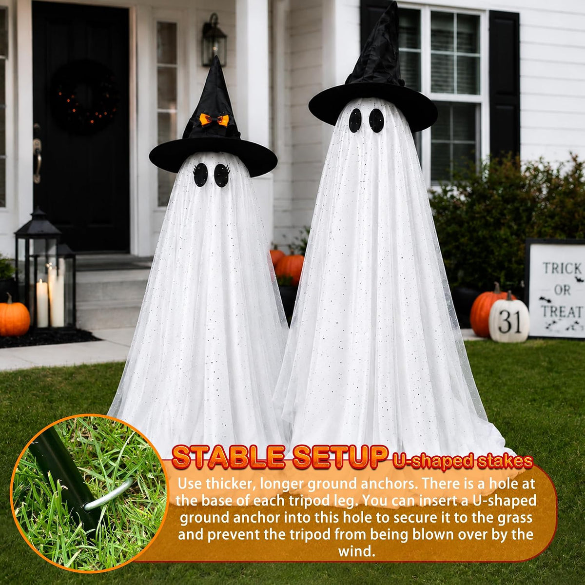 2Packs Halloween Decorations Outdoor,Halloweens Party Decoration Indoor,59in Spooky Ghost with Remote Control String Lights,Halloween-Ghost Lights for Porches Yards Gardens Lawn