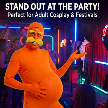 Orange Jumpsuit Halloween Costume with Inflatable Belly Yellow Mustache Eyebrows & Face Paint Cosplay Party Outfit