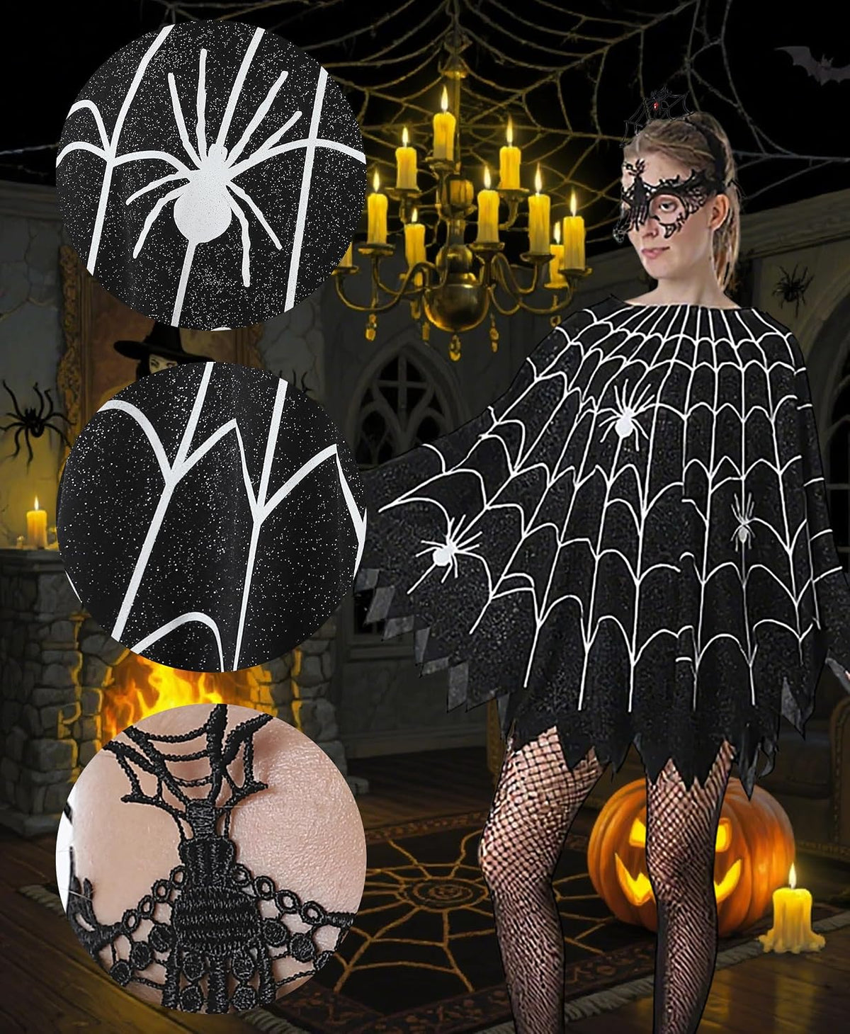 Spider Web Poncho for Women, Glow in the Dark Halloween Dress Cosplay Costume with Headband and Mask Outfit