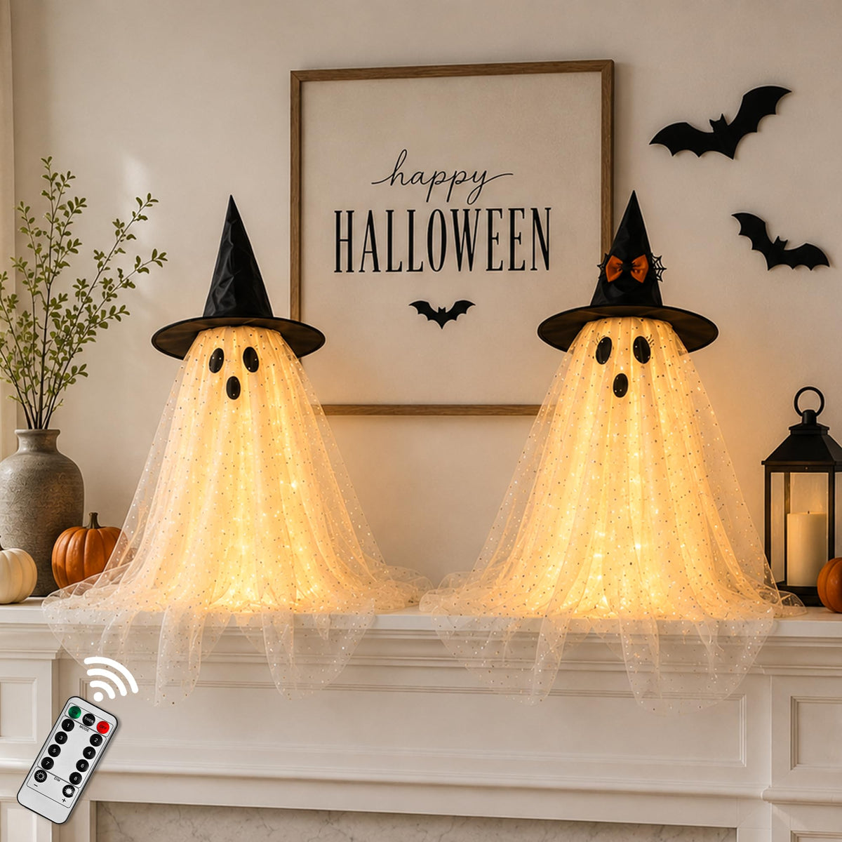 2Packs Halloween Decorations Outdoor,Halloweens Party Decoration Indoor,59in Spooky Ghost with Remote Control String Lights,Halloween-Ghost Lights for Porches Yards Gardens Lawn