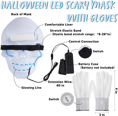 JOYIN Halloween LED Skull Mask with Light Up Gloves, Blue Scary Glow Up Skull and Glow in The Dark Skeleton Mask for Adult Men Women Halloween Cosplay Costume Accessories, Party Dress Up Prop