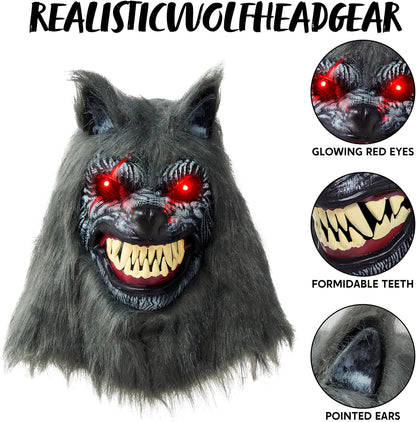 Spooktacular Creations LED Halloween Wolf Werewolf Mask with Movable Jaw, Light Up Halloween Scary Mask for Adult Holiday Horror Cosplay, Glow in the Dark Costume Accessories, Party Dress Up Prop