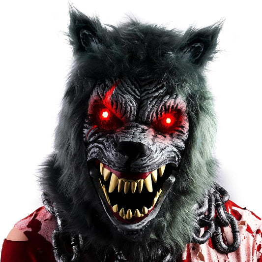 Spooktacular Creations LED Halloween Wolf Werewolf Mask with Movable Jaw, Light Up Halloween Scary Mask for Adult Holiday Horror Cosplay, Glow in the Dark Costume Accessories, Party Dress Up Prop