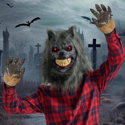 Spooktacular Creations LED Halloween Wolf Werewolf Mask with Movable Jaw, Light Up Halloween Scary Mask for Adult Holiday Horror Cosplay, Glow in the Dark Costume Accessories, Party Dress Up Prop