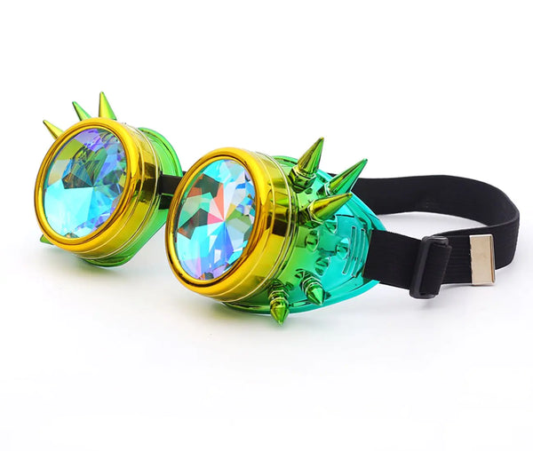 Kaleidoscope Steampunk Goggles Rave Glasses Rainbow Prism Diffraction EDM Psychedelic Lenses (A14 GoldGreen)